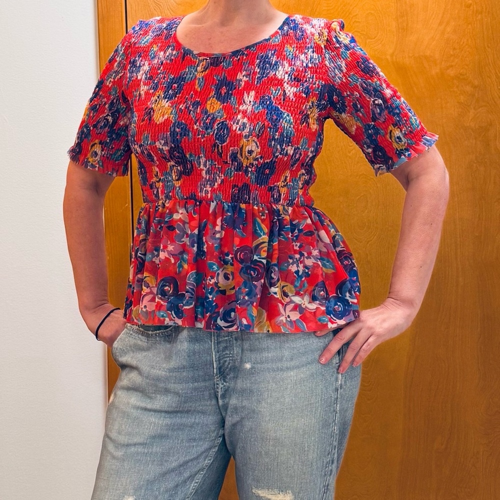 Anthropologie Pink and Blue Floral Top